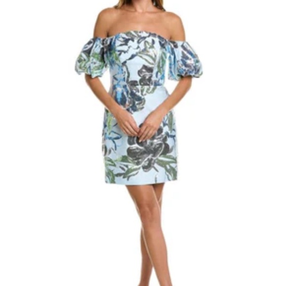 ☀️Marchesa Blue and Green Off-the-Shoulder Sheath Dress - Picture 1 of 4